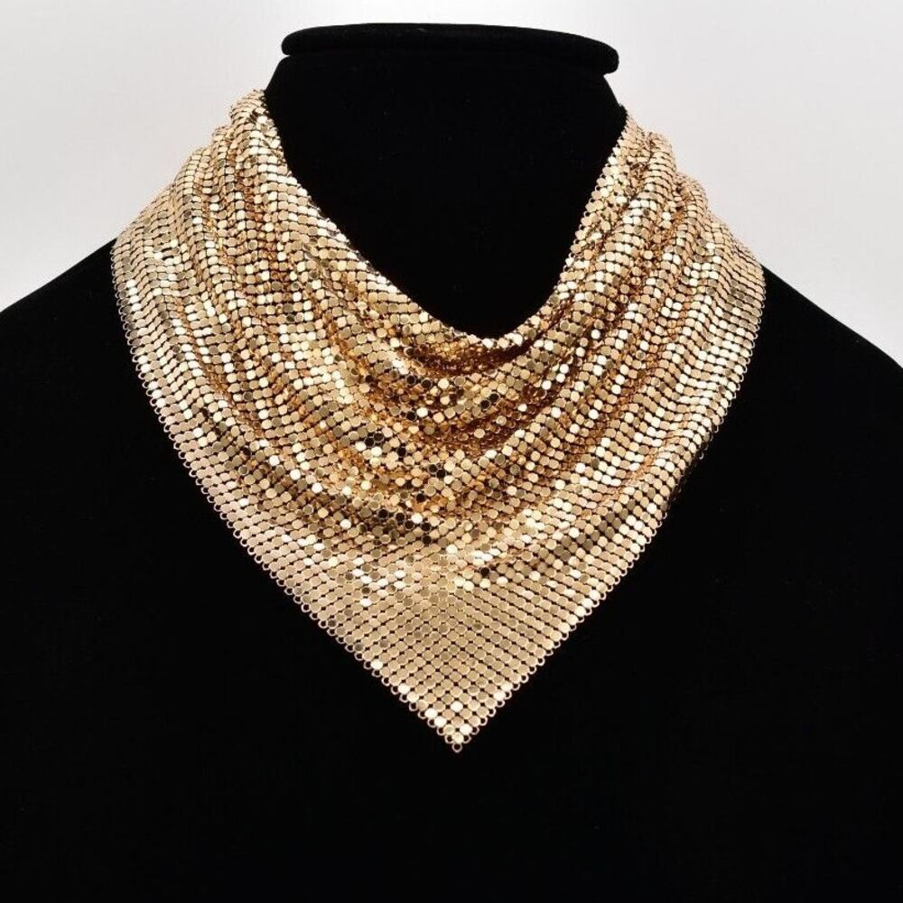 Rau Klikit Chainmail Necklace Collar Metallic Gold Mesh Chunky Signed 70s BinBC
